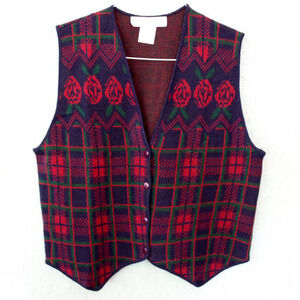 90s Vintage Burgundy and Navy Plaid and Roses Knit Vest in Women's Size Large